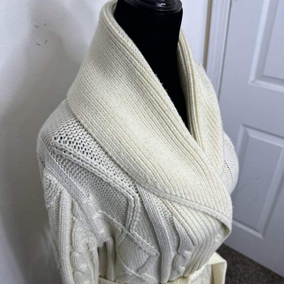 Vintage Kari Lynn Woman M Open Cardigan Belted Cable Knit Sweater Fisherman 70s - Picture 4 of 7